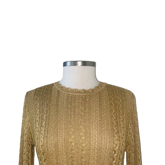 St. John Shimmery Gold Open Knit Sweater and Skirt Size 2 - Picture 2 of 11